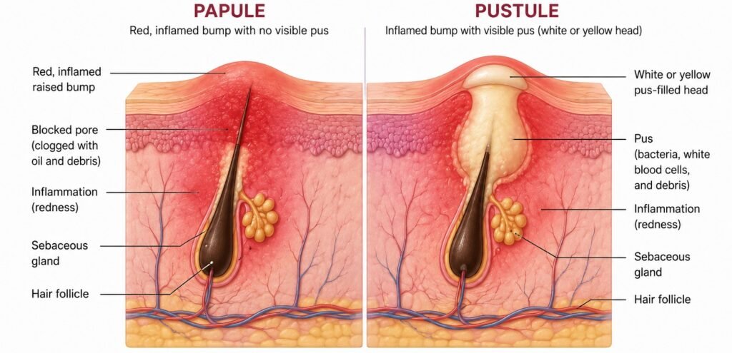 Papule and pustule difference