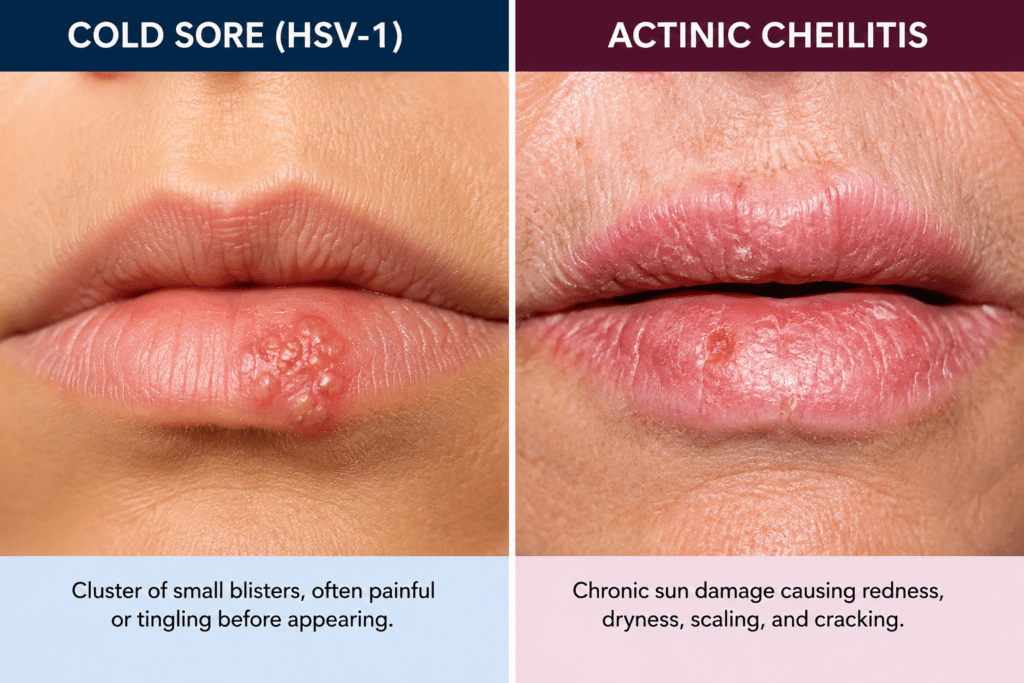Cold sore lip blister after sun exposure difference